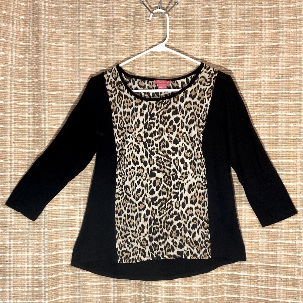 Sunny Leigh Long Sleeve Black and Leopard-Print Top Size Petite Medium